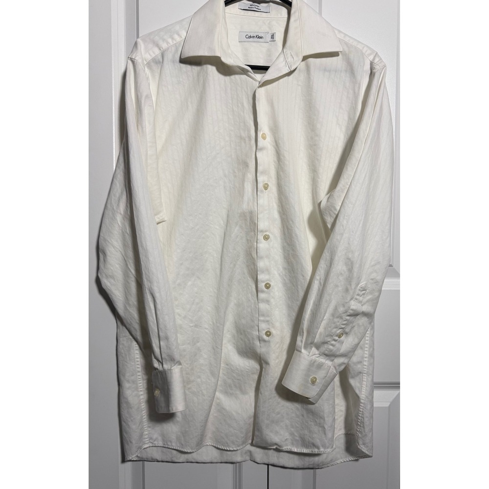 Calvin Klein Button Down Shirt Mens 15.5 32/33 White Good Herringbone Cotton